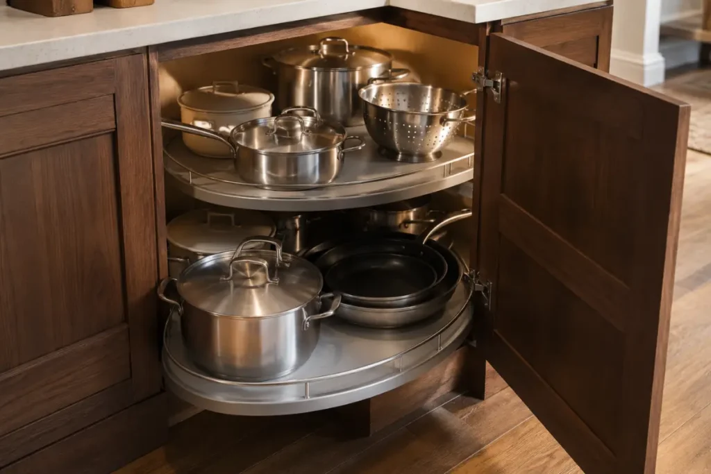 Rotating carousel organizing pots and pans inside a corner kitchen cabinet