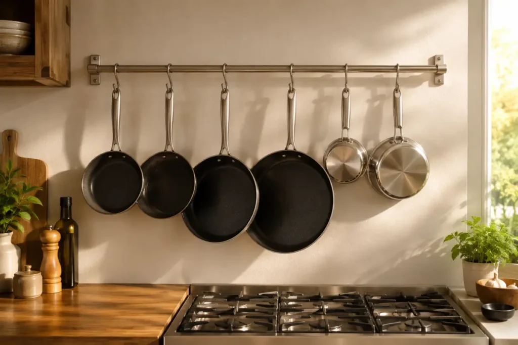 Frying pans and saucepans hanging from a wall-mounted rail near the stove