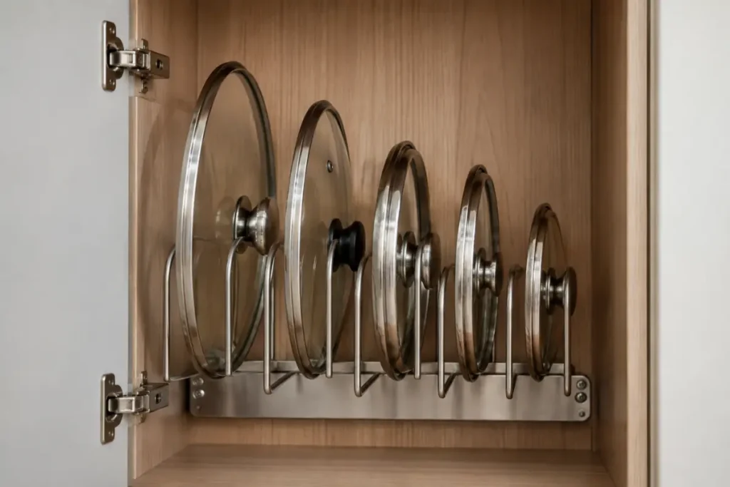  Pot lids stored upright in a vertical lid organizer