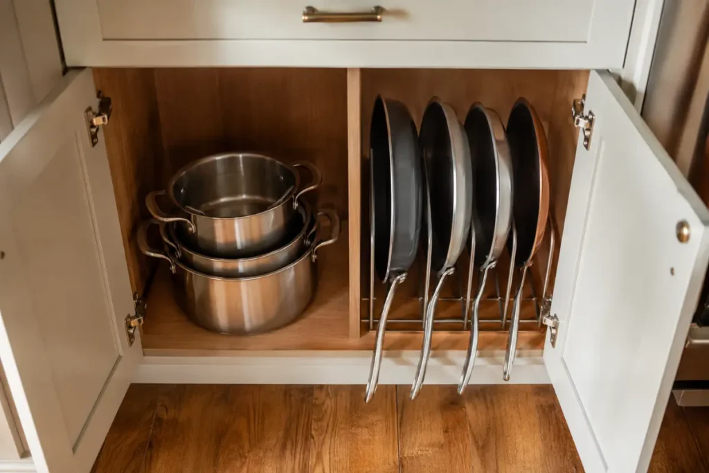 Nested pots and vertically stored frying pans inside a kitchen cabinet