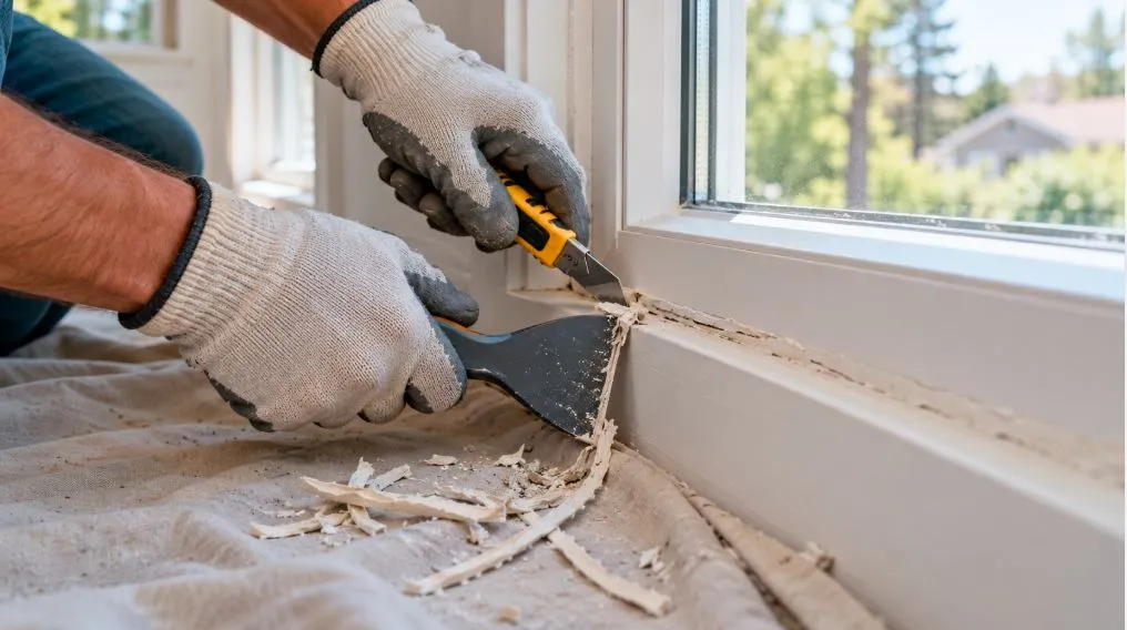 Removing old caulk from a window frame with a scraper before resealing