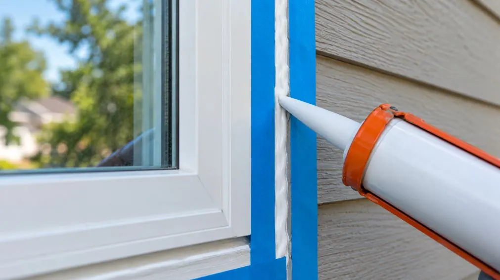 Applying a bead of caulk to reseal windows around the trim