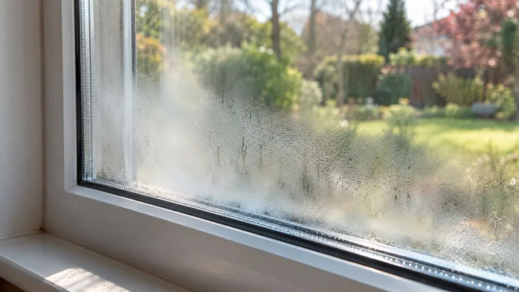 Condensation trapped between double-glazed window panes