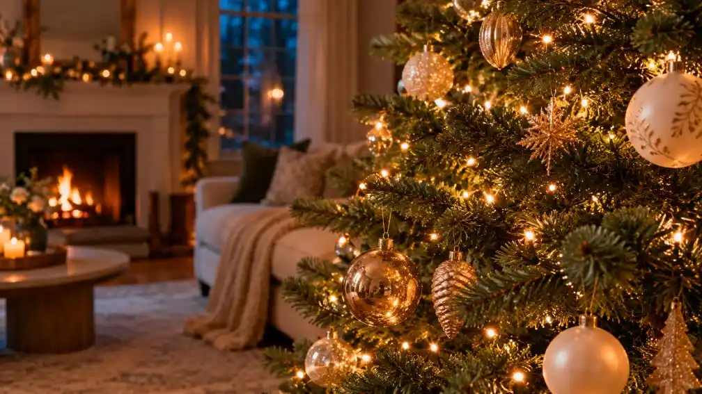 Warm white lights woven deep into Christmas tree