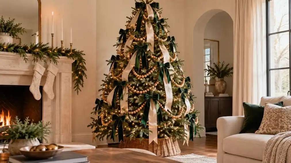Christmas tree with vertical waterfall ribbon
