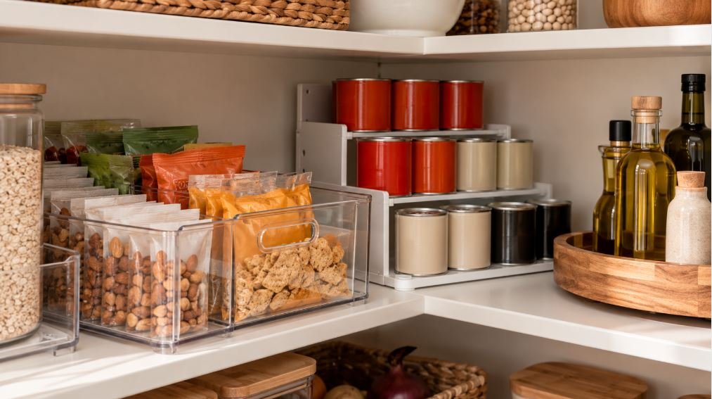 Deep pantry shelf with a pull-out clear bin