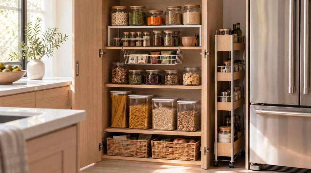 Tall kitchen cabinet organized as a pantry