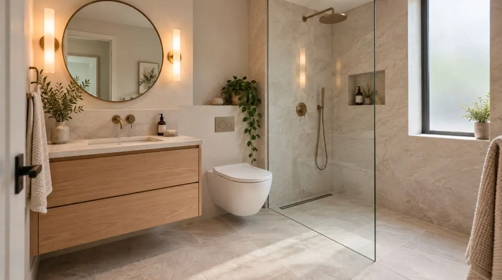 Small bathroom ideas with a floating oak vanity