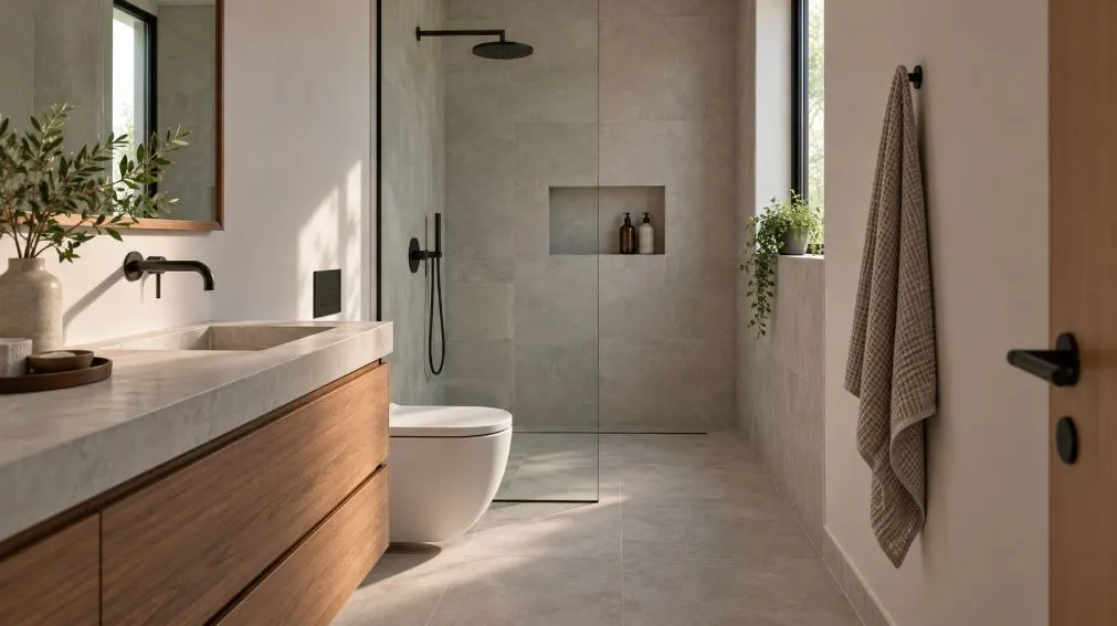 Narrow bathroom with a walk-in shower