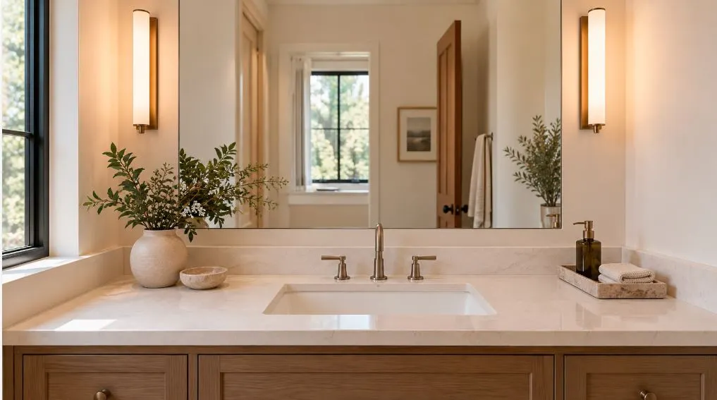 Wide bathroom mirror with wall lights