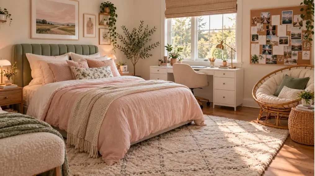 Modern teenage girl bedroom ideas with a sage headboard