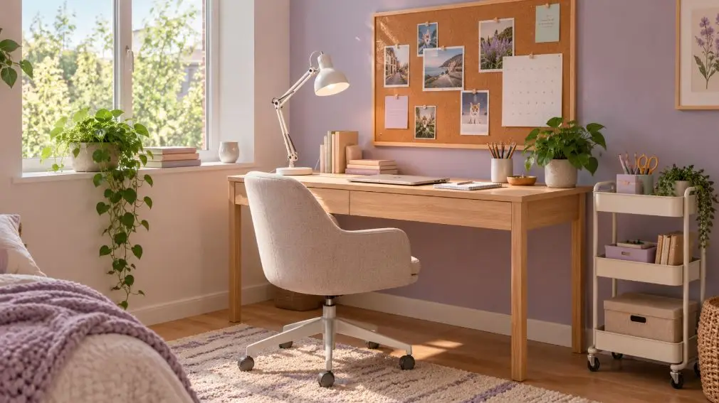 Teen study desk beside a window with a lamp