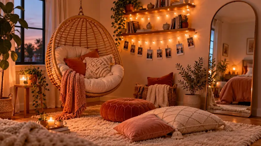 Teen bedroom hangout corner with a rattan chair