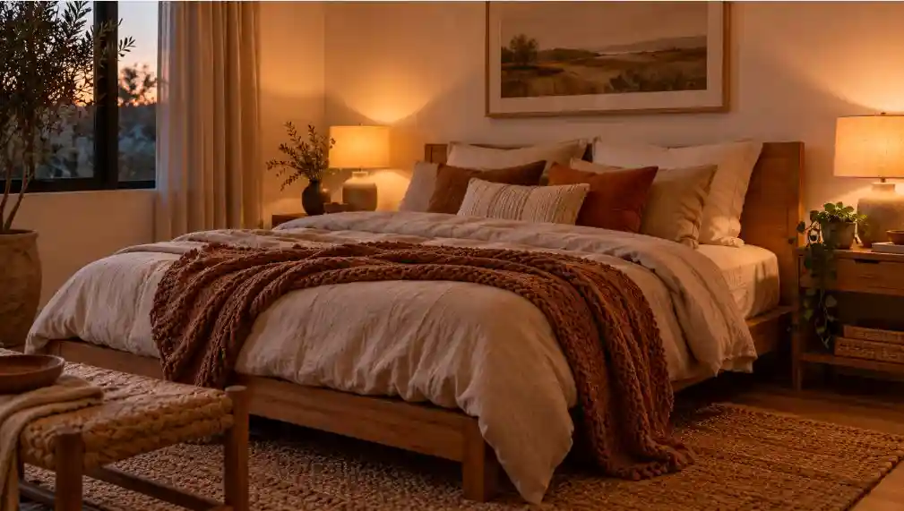 Bedroom with linen bedding and bedside lamps glowing warm at dusk