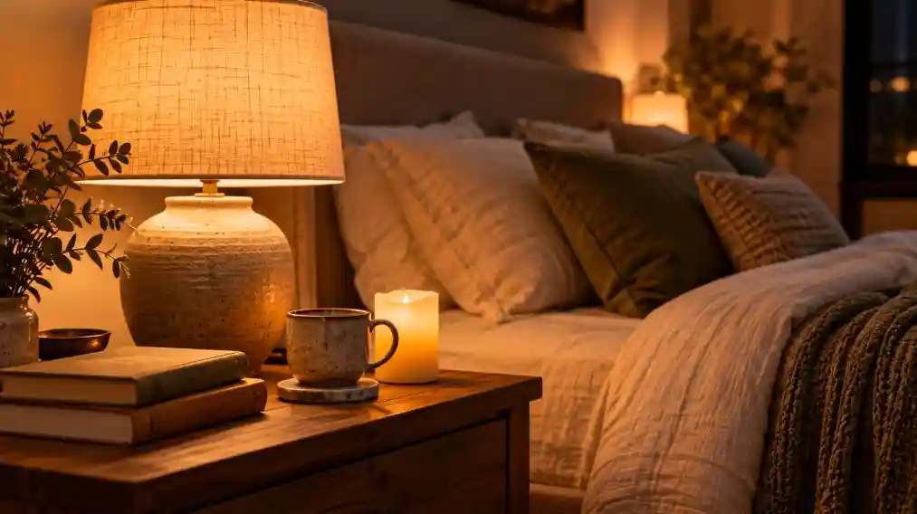 Bedside table lamp with a fabric shade casting warm light beside the bed