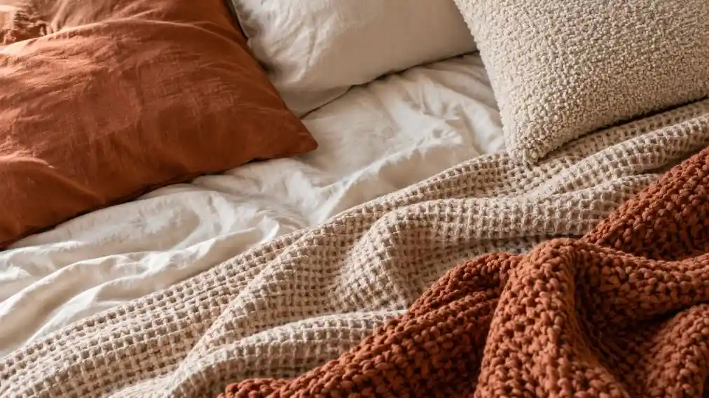 Layered linen, knit and waffle bedding in warm cream and terracotta tones