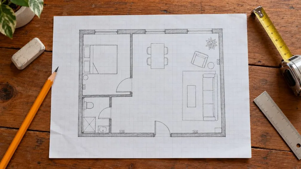 Hand-drawn floor plan marking doors, windows and outlets