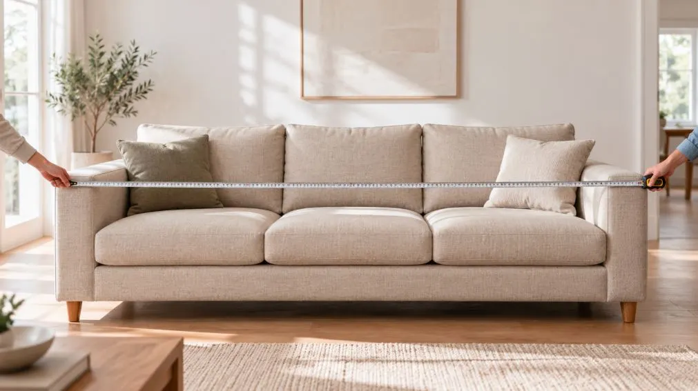 Tape measure stretched across the full width of a sofa