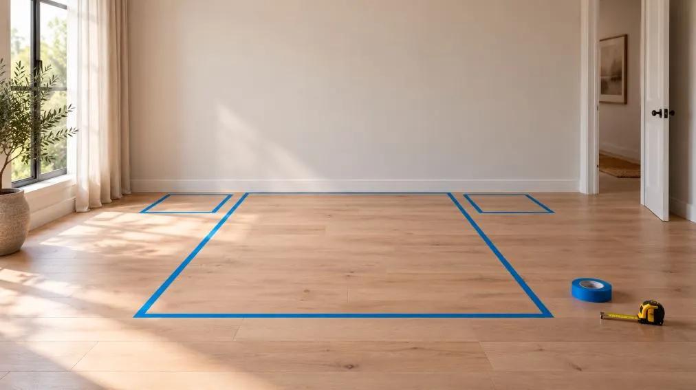 Painter's tape outlining a bed's footprint on a bedroom floor