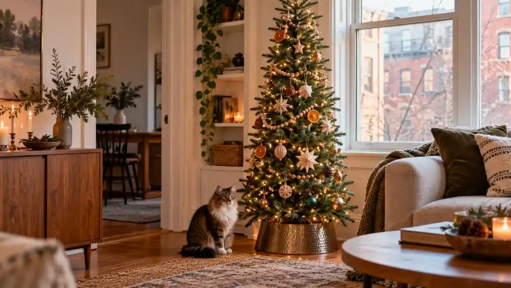 Slim Christmas tree with natural ornaments